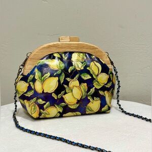Handmade Genuine Leather Lemon-printed , Round Wooden Frame Clutch/CrossBody